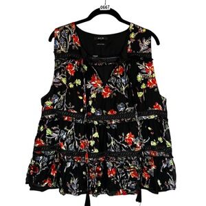 Miss Me Top Women's XL Black Sleeveless Floral‎ Boho Fairy Lined Artsy